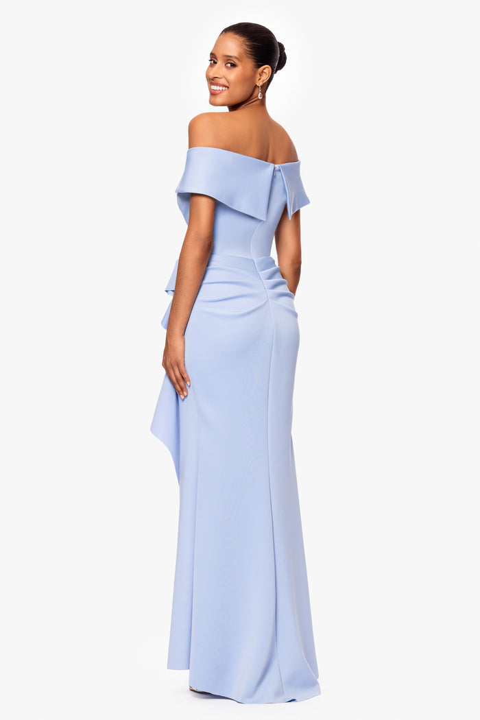 Sage “Patti” Techno Scuba Off The Shoulder Dress, back view