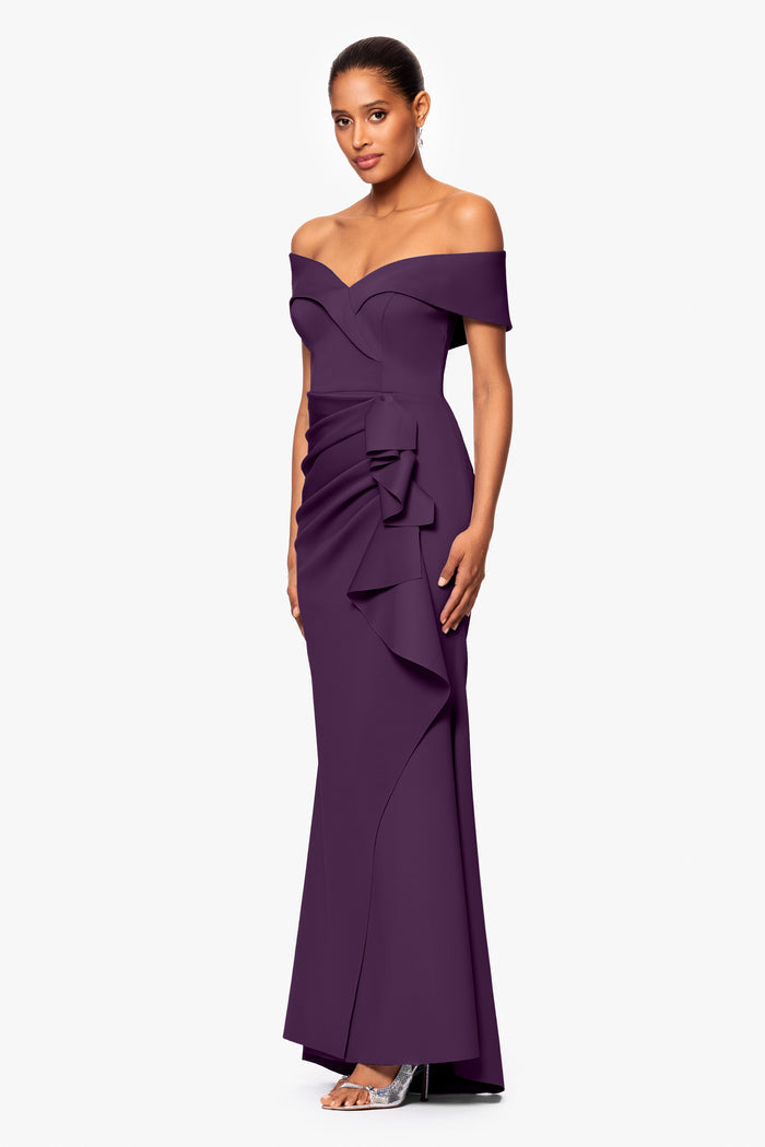 Plum “Patti” Techno Scuba Off The Shoulder Dress, angled three-quarter view