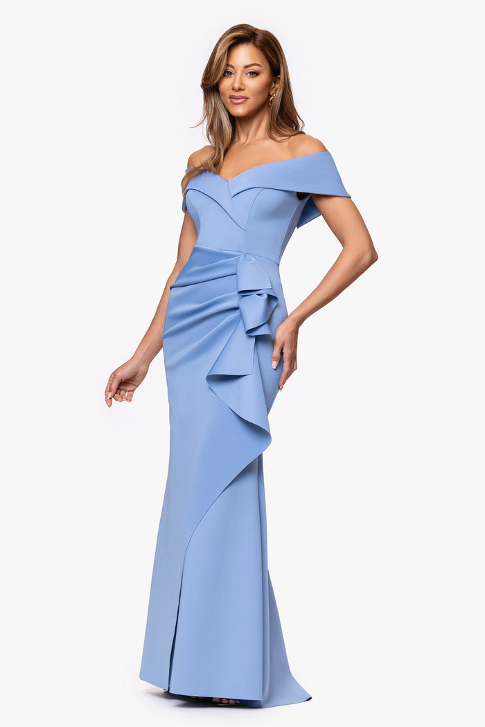 Periwinkle “Patti” Techno Scuba Off The Shoulder Dress, off-the-shoulder neckline and cascading side ruffle detail