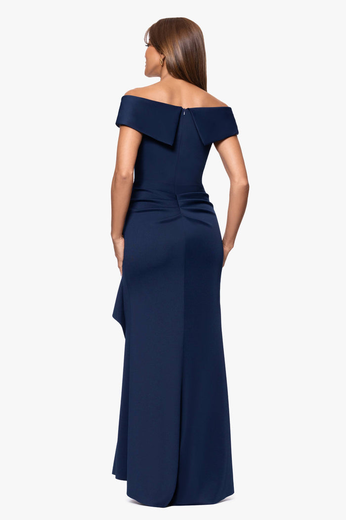 Midnight “Patti” Techno Scuba Off The Shoulder Dress, back view