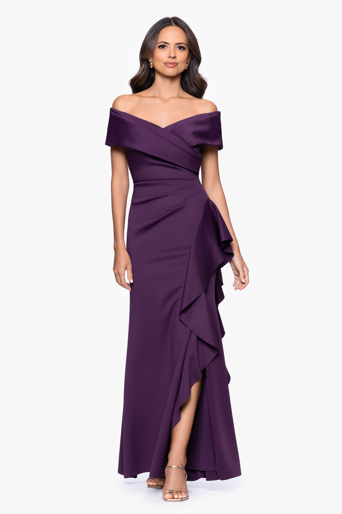 Plum “Pearl” Techno Scuba Off The Shoulder Ruffle Dress, front view