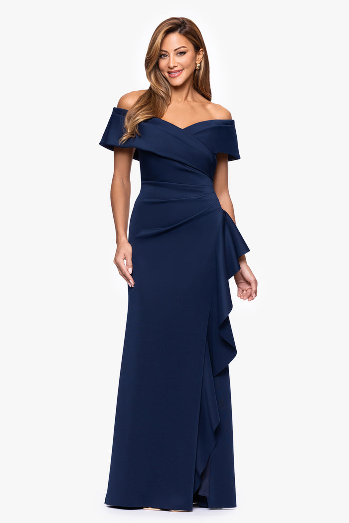 Midnight “Pearl” Techno Scuba Off The Shoulder Ruffle Dress, front view