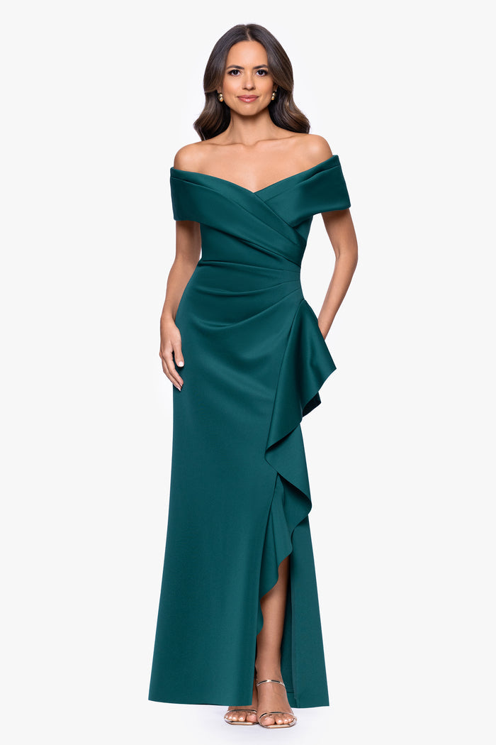 Hunter “Pearl” Techno Scuba Off The Shoulder Ruffle Dress, front view