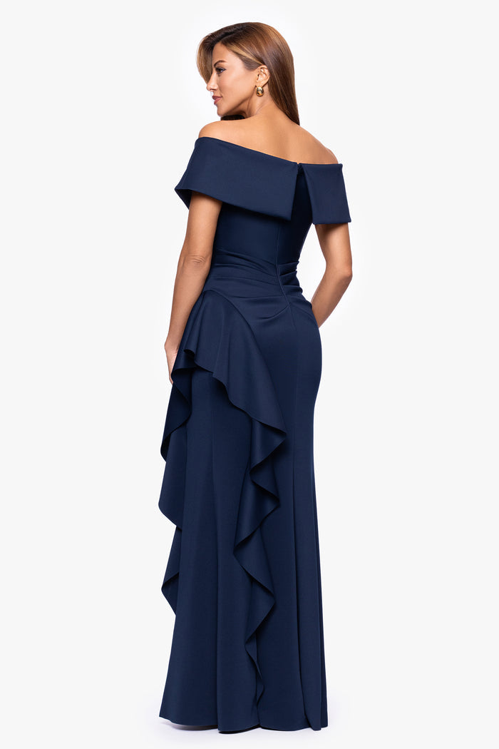 Midnight “Pearl” Techno Scuba Off The Shoulder Ruffle Dress, back view