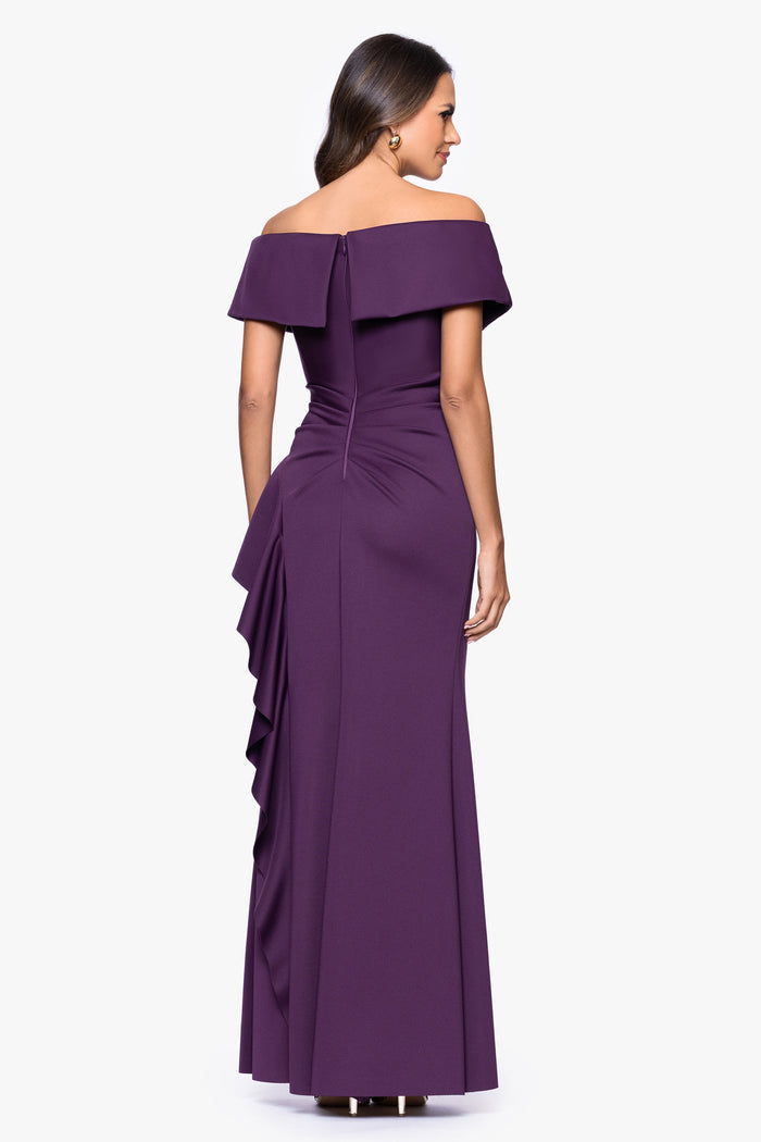 Plum “Pearl” Techno Scuba Off The Shoulder Ruffle Dress, back view