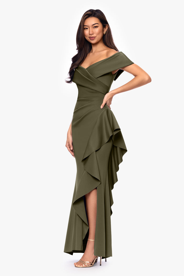 "Pearl" Techno Scuba Off the Shoulder Ruffle Dress