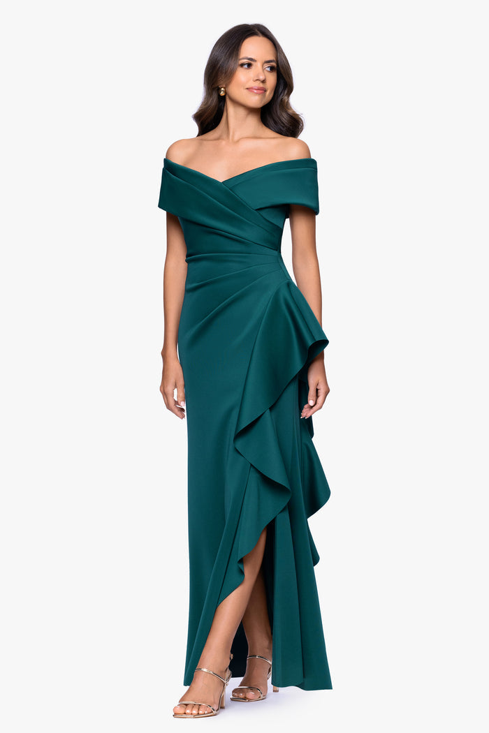 Hunter “Pearl” Techno Scuba Off The Shoulder Ruffle Dress, three-quarter view with side slit