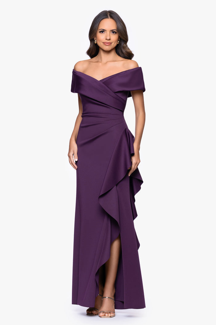 Plum “Pearl” Techno Scuba Off The Shoulder Ruffle Dress, alternate front view with side slit