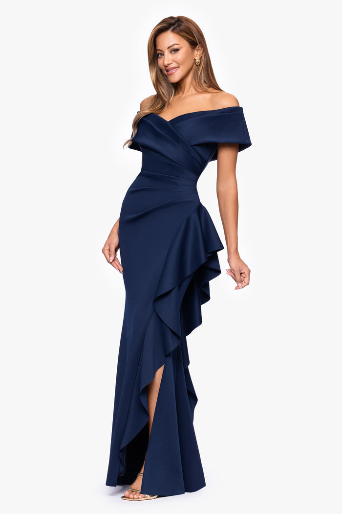 Midnight “Pearl” Techno Scuba Off The Shoulder Ruffle Dress, alternate front view with side slit