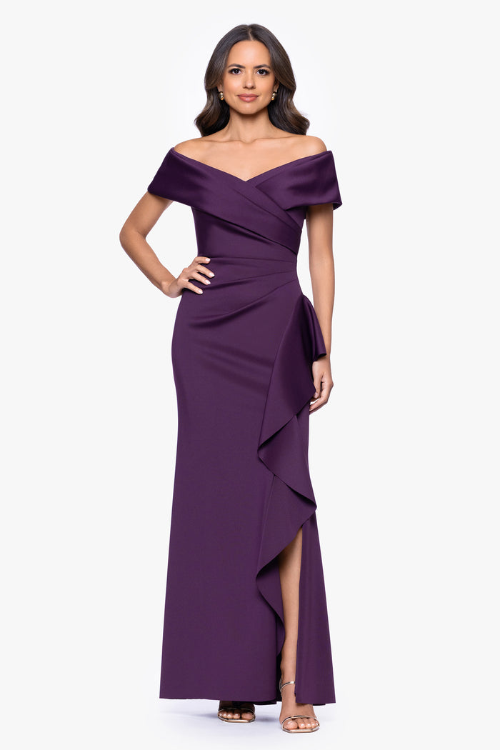 Plum “Pearl” Techno Scuba Off The Shoulder Ruffle Dress, second alternate front view