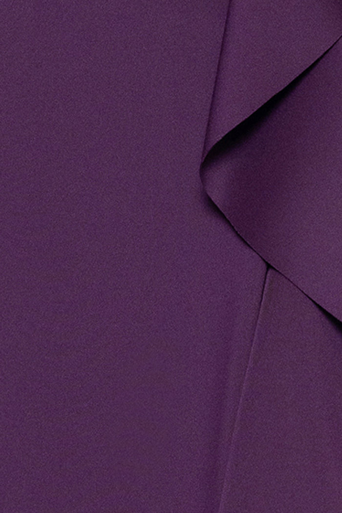 Plum “Pearl” Techno Scuba Off The Shoulder Ruffle Dress, techno scuba fabric and ruching detail