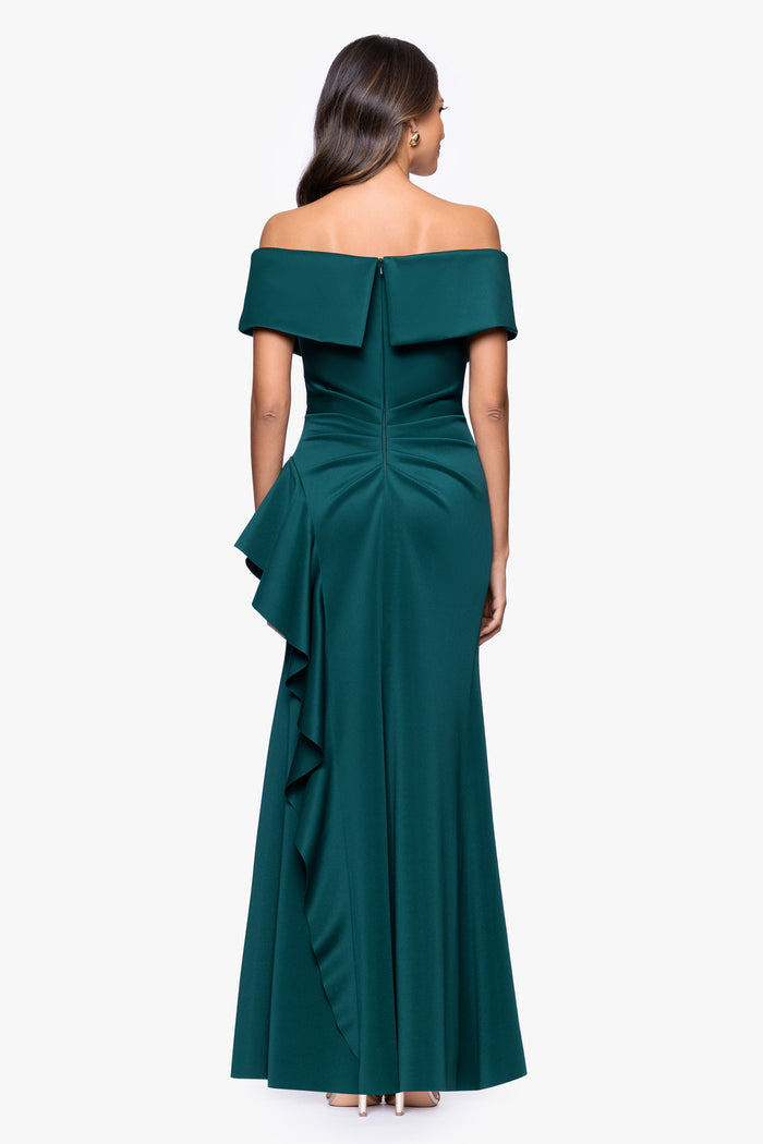 Hunter “Pearl” Techno Scuba Off The Shoulder Ruffle Dress, back view