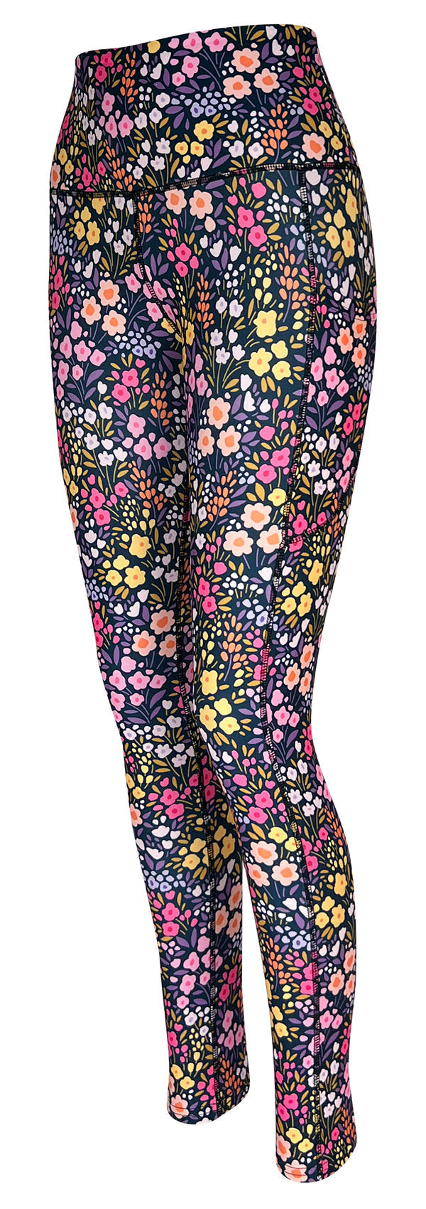 Floral patterned leggings with pockets featuring a high-rise waistband and vibrant pastel petals on a dark background