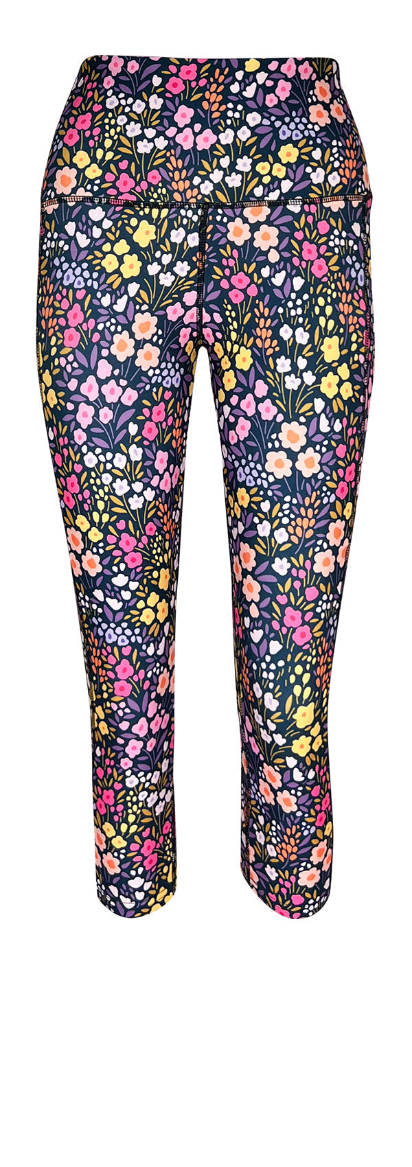 floral leggings with pockets in pastel colors on dark background, high-rise waistband, stretchy and breathable fabric