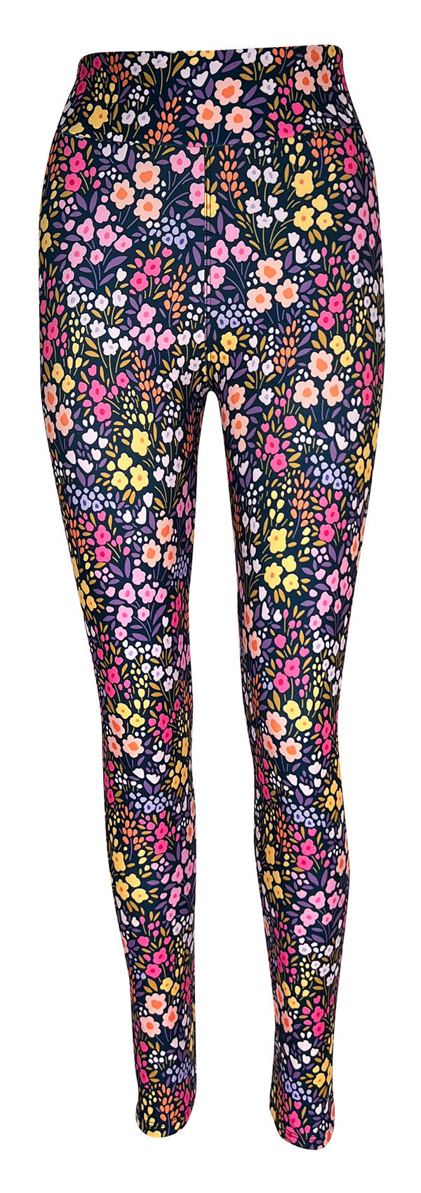 women's floral leggings with vibrant multicolor petal print and elastic waistband