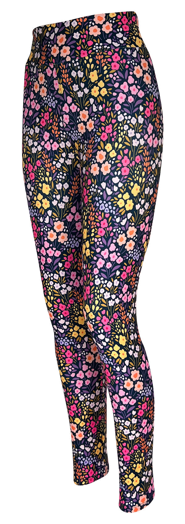women's leggings with colorful floral pattern and elastic waistband