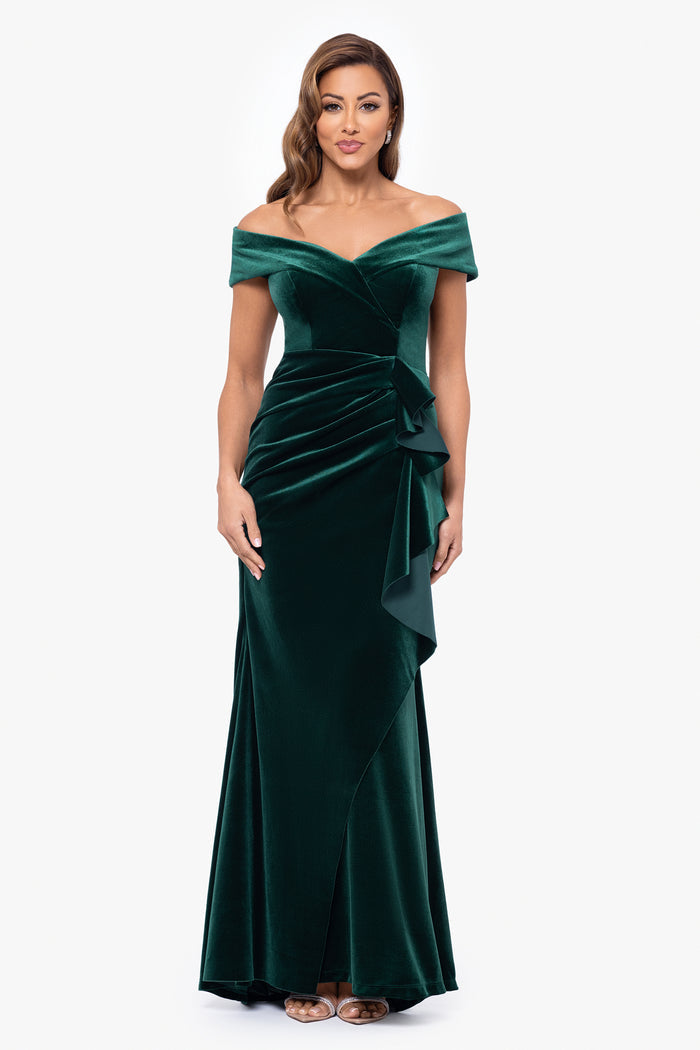Hunter Petite “Alana” Long Off-the-Shoulder Velvet Ruffle Dress, front view