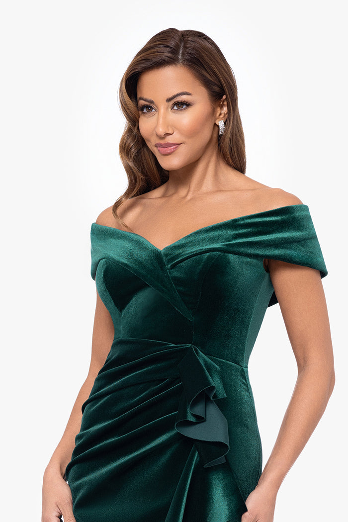 Hunter Petite “Alana” Long Off-the-Shoulder Velvet Ruffle Dress, bodice and cascading ruffle detail