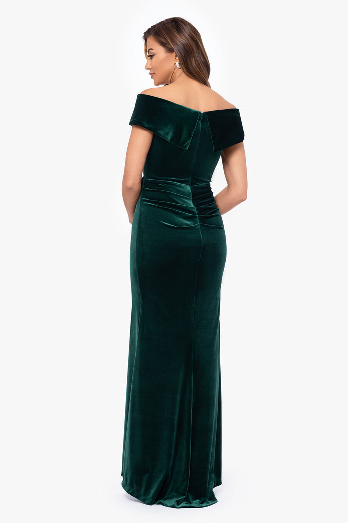 Hunter Petite “Alana” Long Off-the-Shoulder Velvet Ruffle Dress, back view