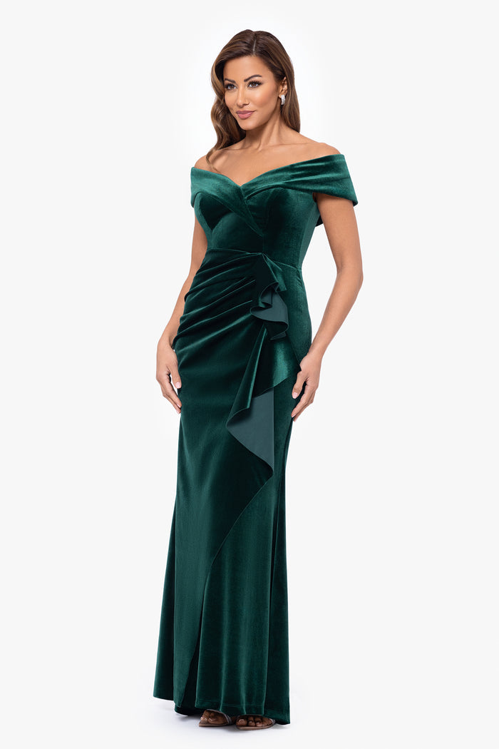 Hunter Petite “Alana” Long Off-the-Shoulder Velvet Ruffle Dress, angled three-quarter view