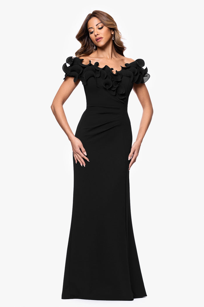 Black “Anya” Scuba Crepe & Chiffon Ruffle Off the Shoulder Dress, front view