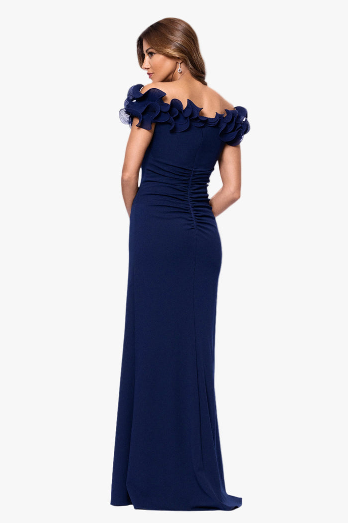 Navy “Anya” Scuba Crepe & Chiffon Ruffle Off the Shoulder Dress, back view
