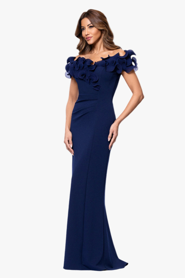 Navy “Anya” Scuba Crepe & Chiffon Ruffle Off the Shoulder Dress, angled three-quarter view