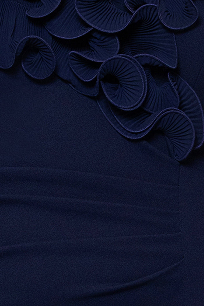 Petite "Anya" Scuba Crepe & Chiffon Ruffle Off the Shoulder Dress