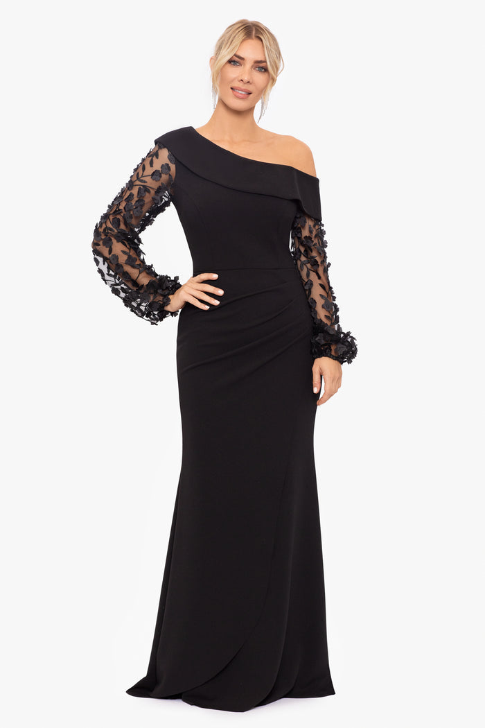 Black Petite “Ariana” Off the Shoulder Long Sleeve Scuba Crepe Dress, front view