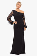 Black Petite “Ariana” Off the Shoulder Long Sleeve Scuba Crepe Dress, front view