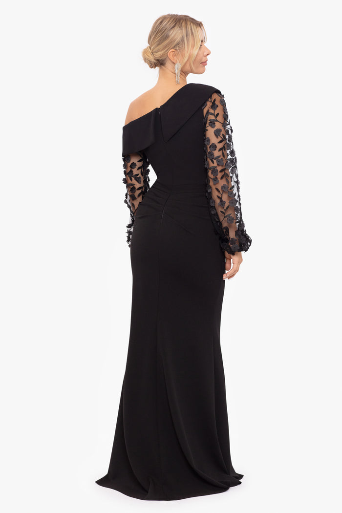 Black Petite “Ariana” Off the Shoulder Long Sleeve Scuba Crepe Dress, back view