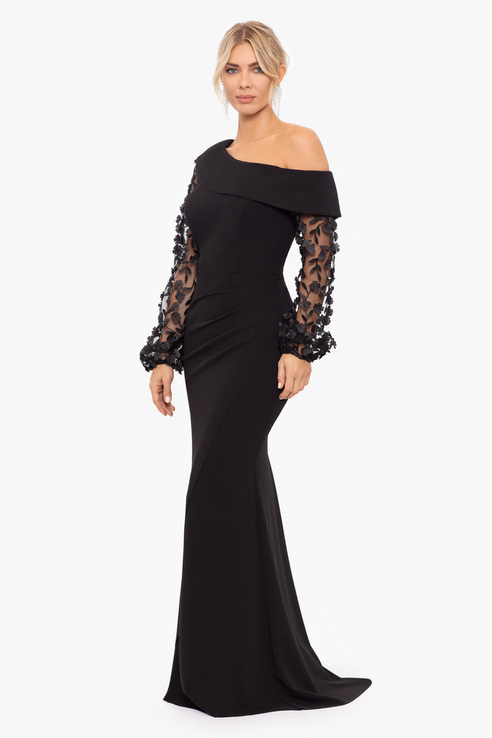 Black Petite “Ariana” Off the Shoulder Long Sleeve Scuba Crepe Dress, angled three-quarter view