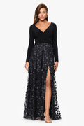 Black Petite “Aurora” V-Neck Long Sleeve Raised Flower Slit Dress, front view with thigh-high slit