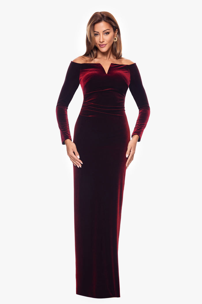 Hunter Petite “Christy” Off the Shoulder Velvet Dress, shown while walking with skirt movement