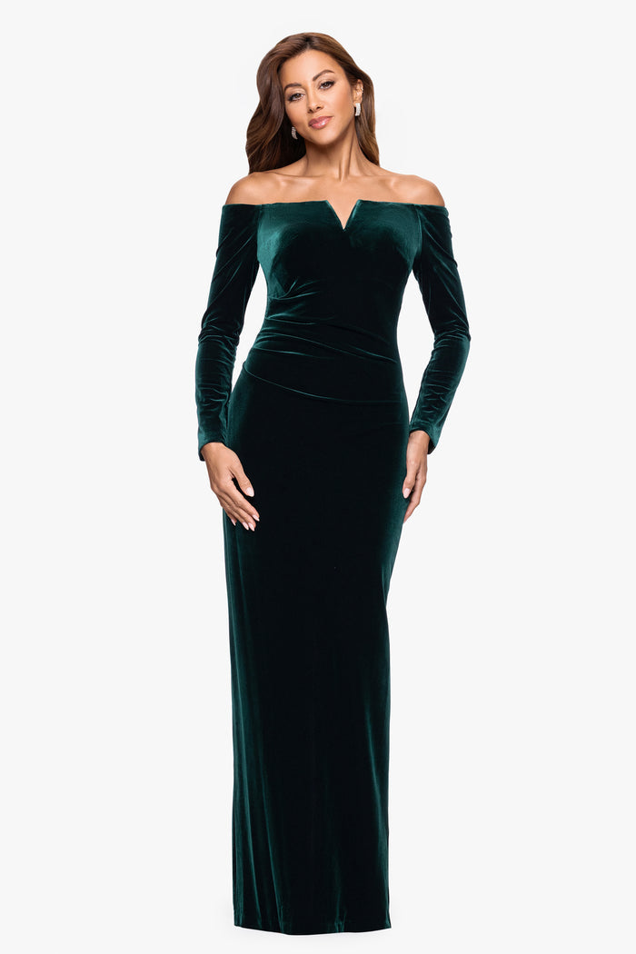 Hunter Petite “Christy” Off the Shoulder Velvet Dress, front view