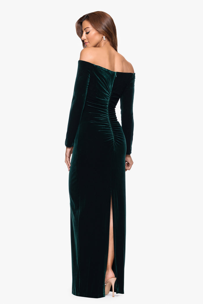 Hunter Petite “Christy” Off the Shoulder Velvet Dress, back view with slit