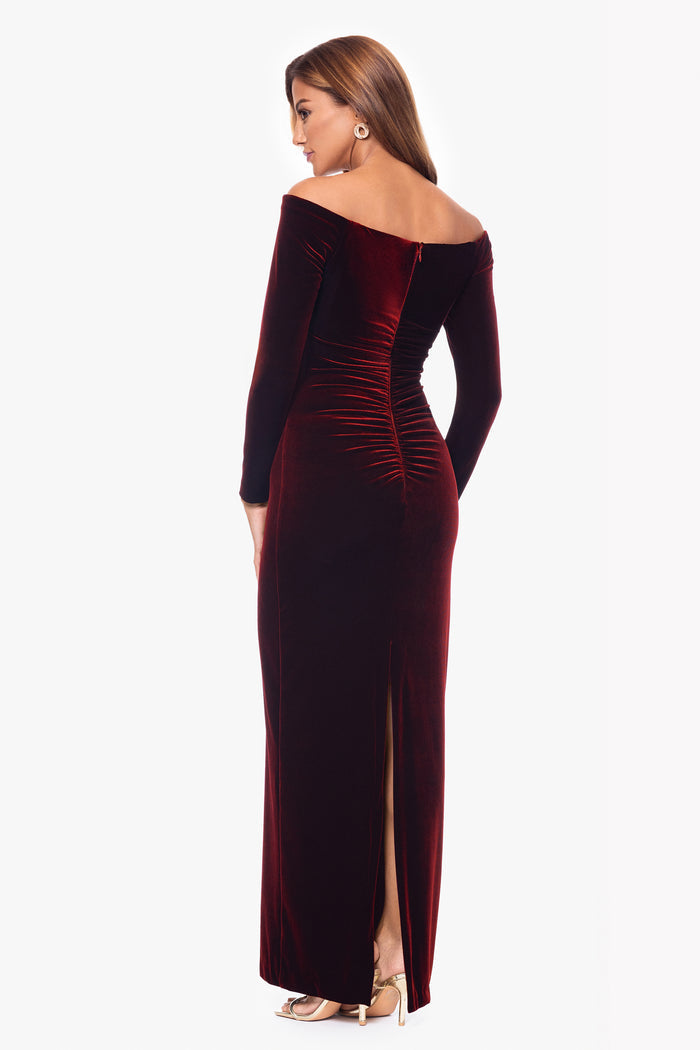 Burgundy Petite “Christy” Off the Shoulder Velvet Dress, off-the-shoulder notched neckline, long sleeves, and ruched waist detail
