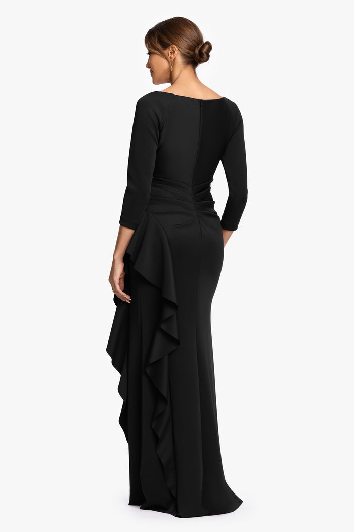 Petite "Clarissa" Techno Scuba Long Sleeve Ruffle Dress