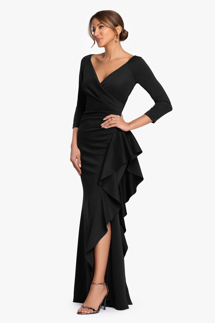 Petite "Clarissa" Techno Scuba Long Sleeve Ruffle Dress