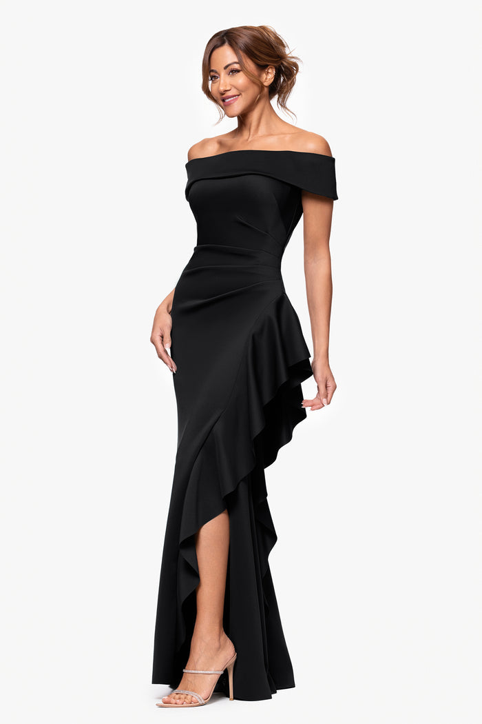 Black Petite “Dolly” Techno Scuba Off The Shoulder Ruffle Dress, front view