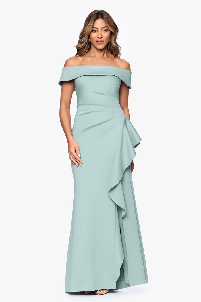 Sage Petite “Dolly” Techno Scuba Off The Shoulder Ruffle Dress, front view