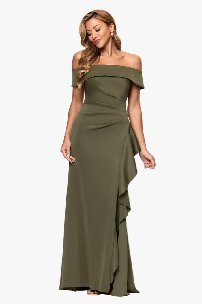 Dolly techno scuba off the shoulder ruffle dress in olive, front view.