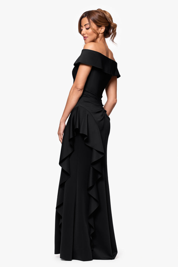 Black Petite “Dolly” Techno Scuba Off The Shoulder Ruffle Dress, back view