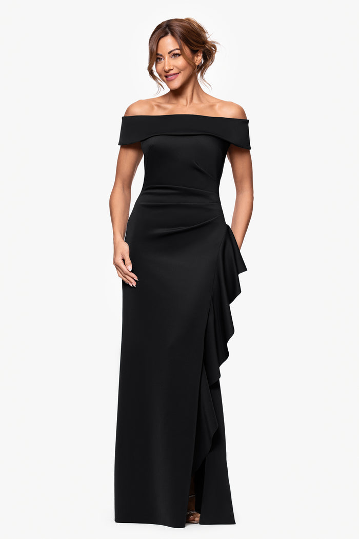 Black Petite “Dolly” Techno Scuba Off The Shoulder Ruffle Dress, alternate front view with side slit