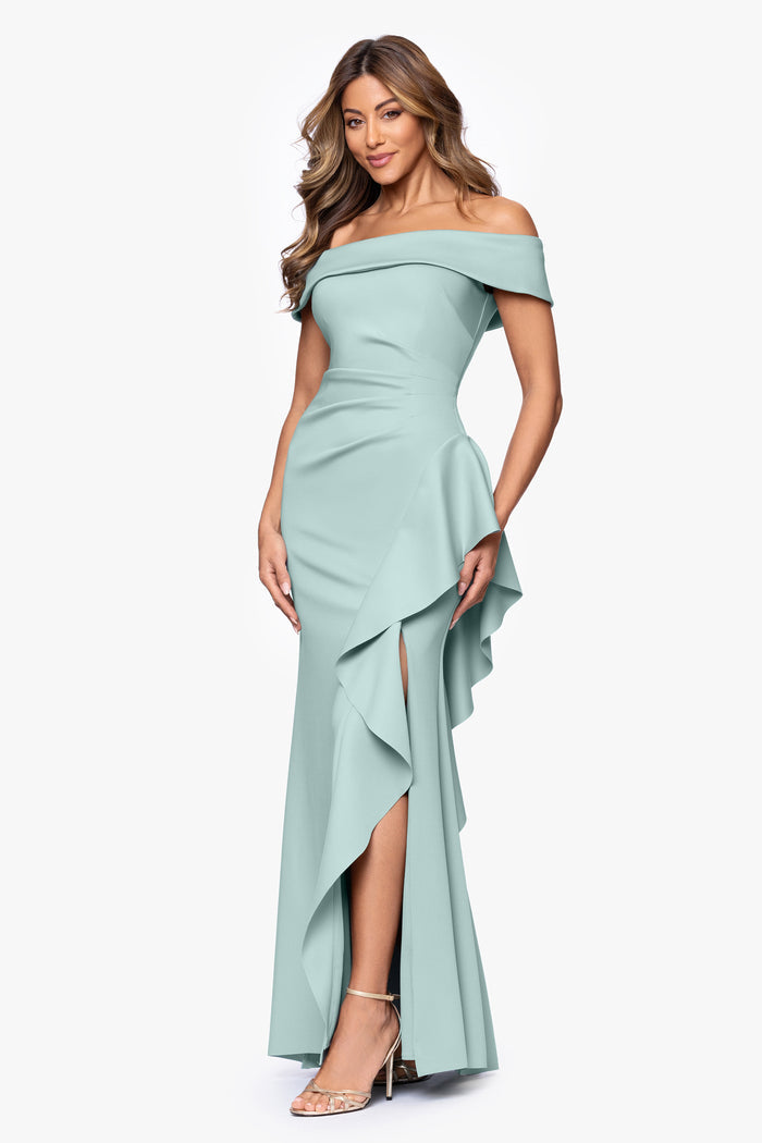 Sage Petite “Dolly” Techno Scuba Off The Shoulder Ruffle Dress, alternate front view with side slit