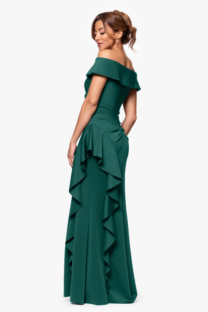 Hunter Petite “Dolly” Techno Scuba Off The Shoulder Ruffle Dress, back view