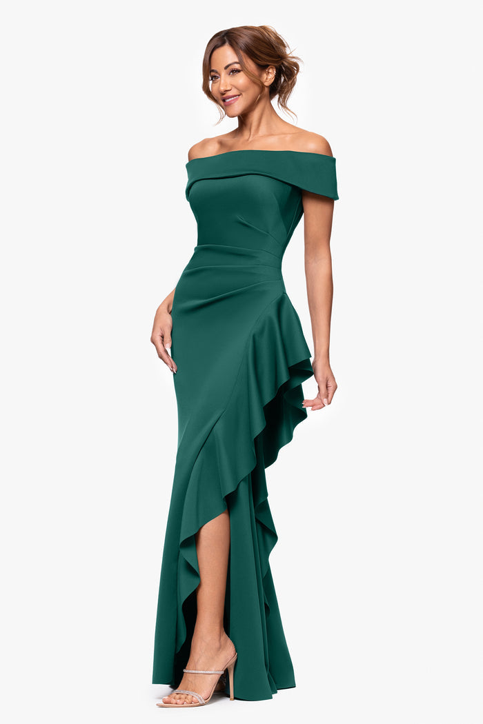 Hunter Petite “Dolly” Techno Scuba Off The Shoulder Ruffle Dress, alternate front view with side slit