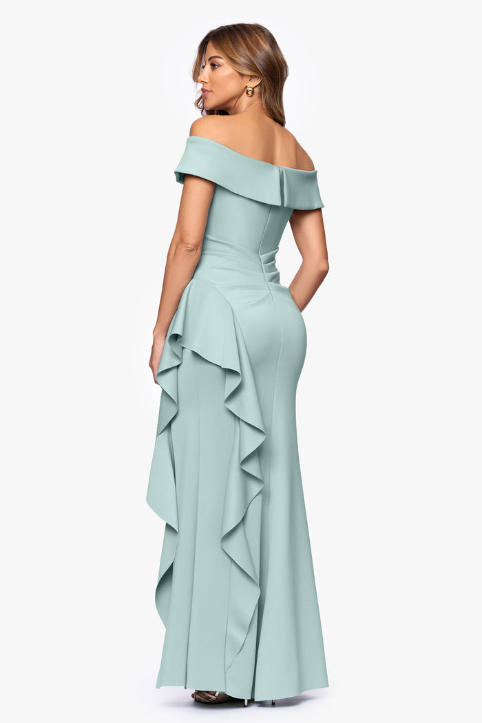 Sage Petite “Dolly” Techno Scuba Off The Shoulder Ruffle Dress, back view