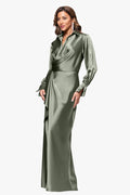 Olive Petite “Emery” Satin Long Sleeve Collared Dress, three quarter view.