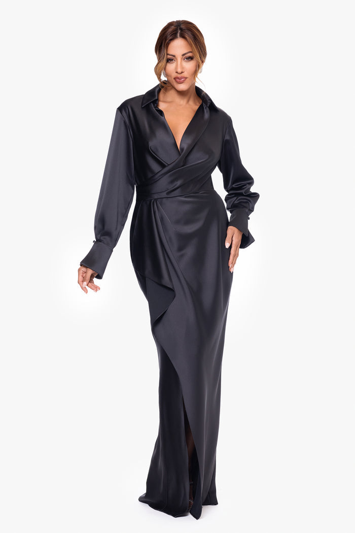Black Petite “Emery” Satin Long Sleeve Collared Dress, front view